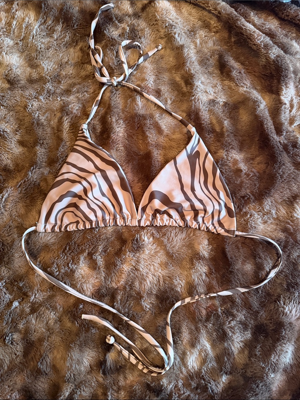 Brown and Cream Zebra-Print Triangle Bikini Top